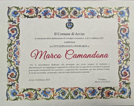 Per Marco Camandona anche la cittadinanza onoraria di Arvier