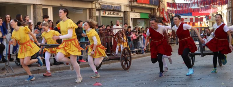 Una spettacolare fase della Corsa delle Bighe che ha visto prevalere in campo femminile la squadra del Fundus Tauri e in campo maschile l’equipaggio della Platea Primus Maius